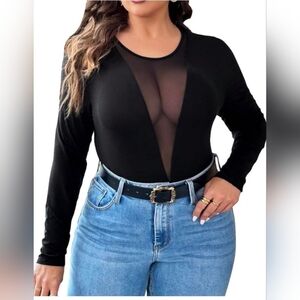 Plus Elegant Black Sheer Mesh Long Sleeve Fitted Top